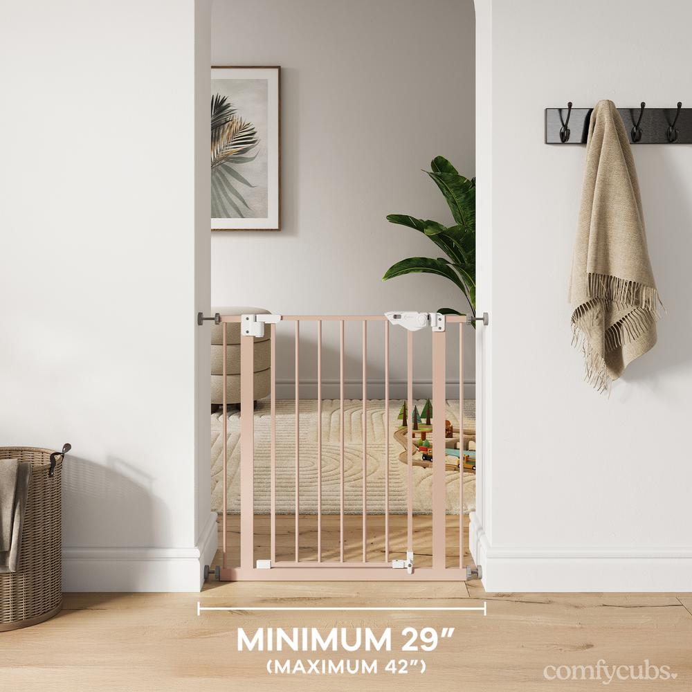 Blush baby safety gate for secure home environments, ensuring child safety and peace of mind.