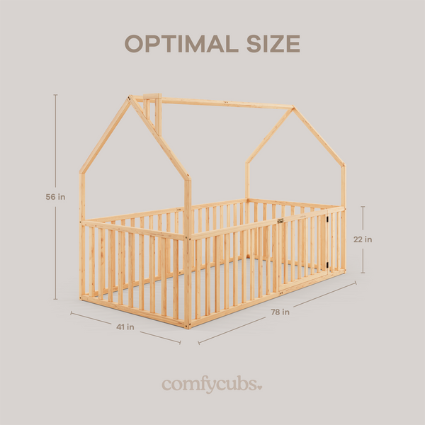 Kids House Gated Floor Bed Twin Size for Children Aged 5+, Natural Wood