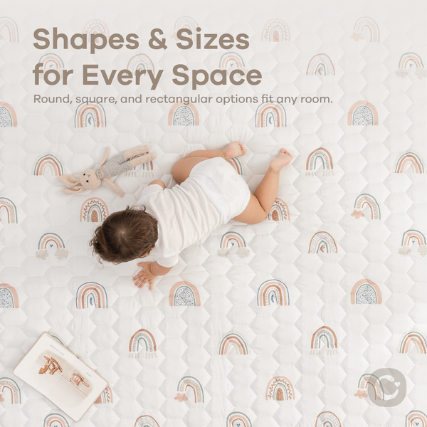 Rainbow play mat with non-slip bottom, angled view, perfect for safe and fun baby playtime.