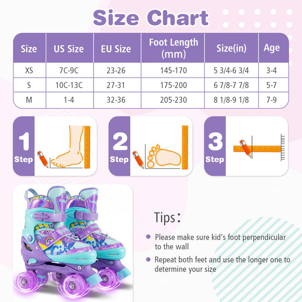 4 Sizes Adjustable Kids Roller Skates with Light-up Wheels and Safety Protection M Size