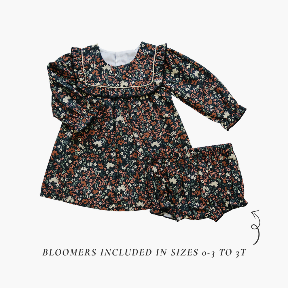 Midnight Meadow Dress for babies, featuring a floral design in soft fabric, perfect for stylish and comfortable wear.