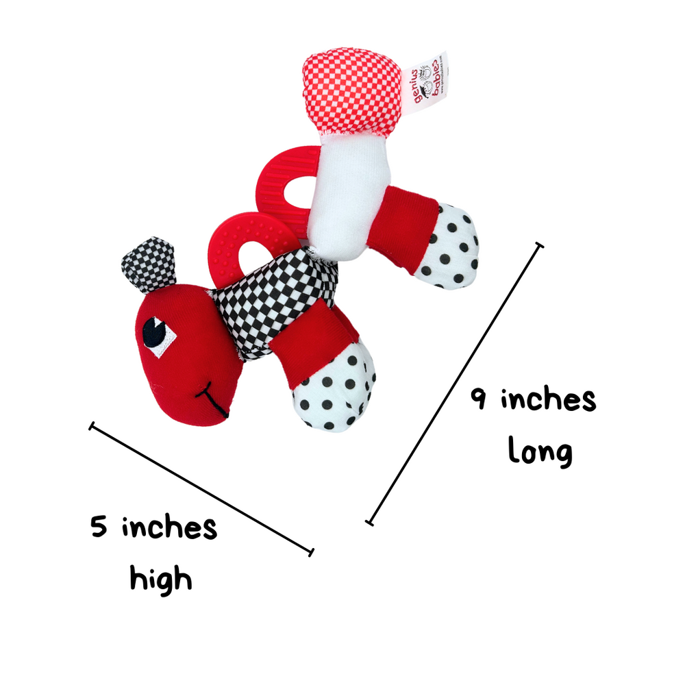 Caterpillar teething and sensory toy in black, white, and red, 9" for babies. Safe and engaging for little ones.