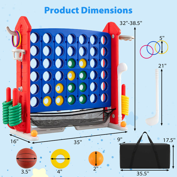 4-in-1 Height Adjustable Row Connect Game with Mesh Net and Carrying Bag
