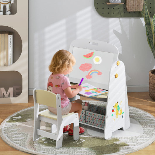 4-in-1 Kids Table and Chair Set with Art Easel, Magnetic Whiteboard, and Bookshelf in Natural Finish.