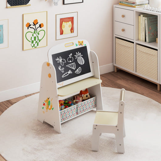 4-in-1 Kids Table and Chair Set with Art Easel, Magnetic Whiteboard, and Bookshelf in Natural Finish.