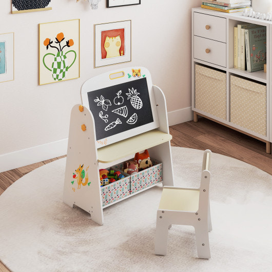 4-in-1 Kids Table and Chair Set Art Easel with Magnetic Whiteboard and Bookshelf-Natural