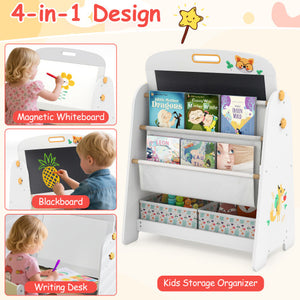 4-in-1 Kids Table and Chair Set with Art Easel, Whiteboard, and Bookshelf in Natural Finish - Angle 7 View.