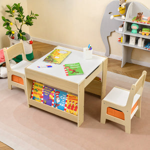 4 in 1 Kids Table and Chair Set with Reversible Graffiti and Building Blocks Tabletop-Natural