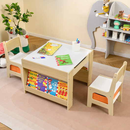 4 in 1 Kids Table and Chair Set with Reversible Graffiti and Building Blocks Tabletop-Natural