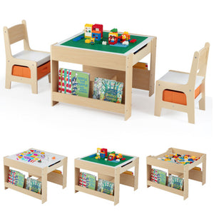 4 in 1 Kids Table and Chair Set with Reversible Graffiti and Building Blocks Tabletop-Natural