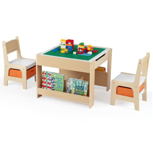 4 in 1 Kids Table and Chair Set with Reversible Graffiti and Building Blocks Tabletop-Natural