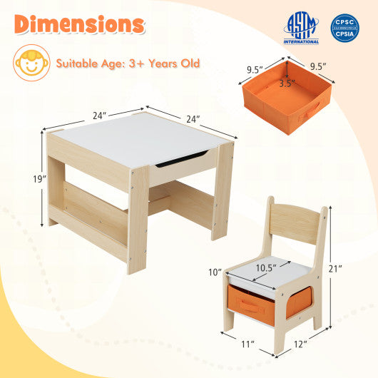 4 in 1 Kids Table and Chair Set with Reversible Graffiti and Building Blocks Tabletop-Natural