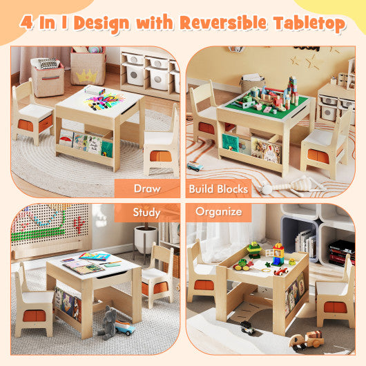 4 in 1 Kids Table and Chair Set with Reversible Graffiti and Building Blocks Tabletop-Natural