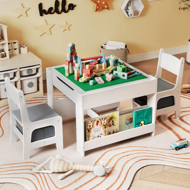 4 in 1 Kids Table and Chair Set with reversible graffiti and building blocks tabletop in gray. Perfect for playtime!