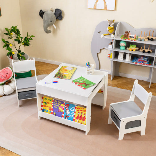 4 in 1 Kids Table and Chair Set with reversible graffiti and building blocks tabletop in gray. Perfect for playtime!