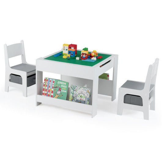 4 in 1 Kids Table and Chair Set with Reversible Graffiti and Building Blocks Tabletop-Gray