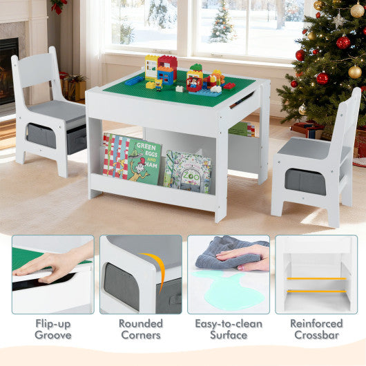 4 in 1 Kids Table and Chair Set with Reversible Graffiti and Building Blocks Tabletop-Gray