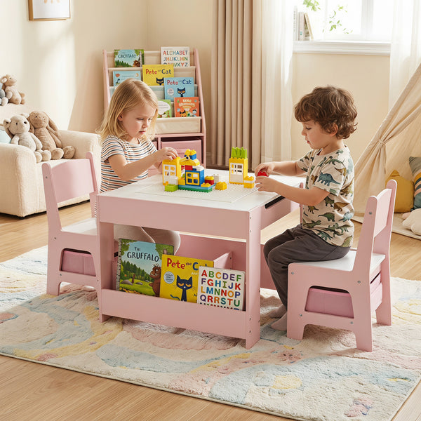 Kids table and chairs set with building blocks and bookshelves, perfect for playtime and learning.