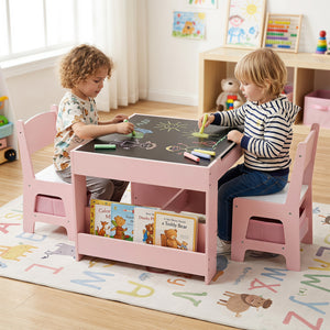 Kids table and chairs set with building blocks and bookshelves, perfect for playtime and learning. Angle 8 view.