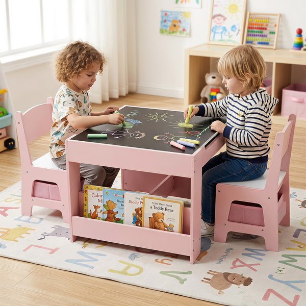 Kids table and chairs set with building blocks and bookshelves, perfect for playtime and learning. Angle 8 view.