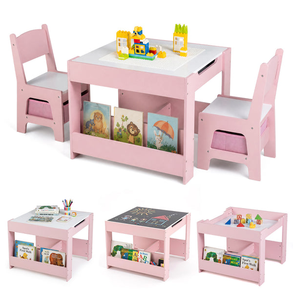 Kids table and chairs set with building blocks and bookshelves, perfect for playtime and learning.
