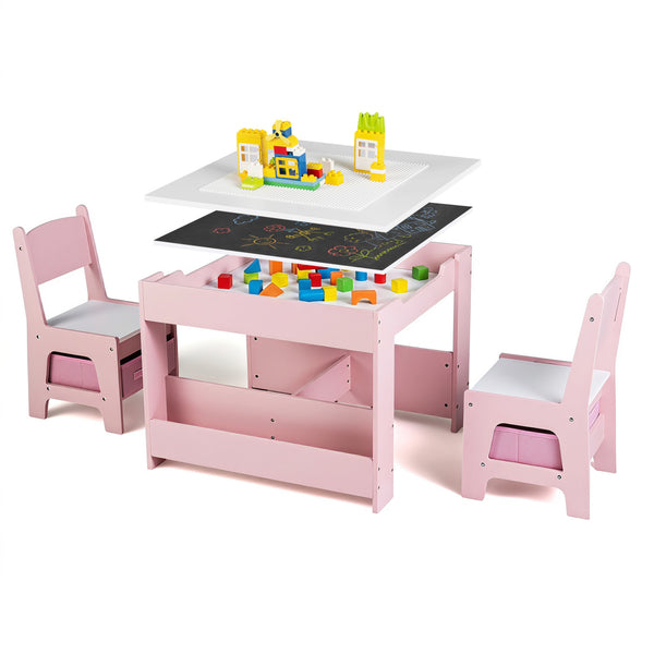 Kids table and chairs set with building blocks and bookshelves, perfect for playtime and learning.
