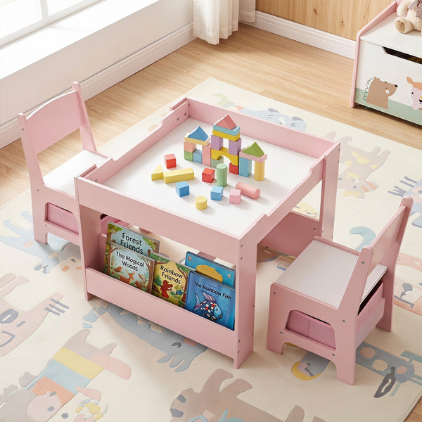 Kids table and chairs set with building blocks and bookshelves, perfect for playtime and learning.