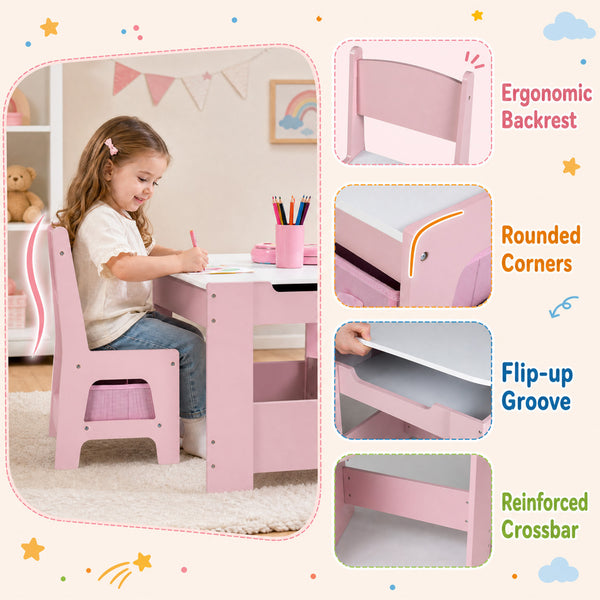 Kids table and chairs set with building blocks and bookshelves, perfect for playtime and learning. Angle 13 view.
