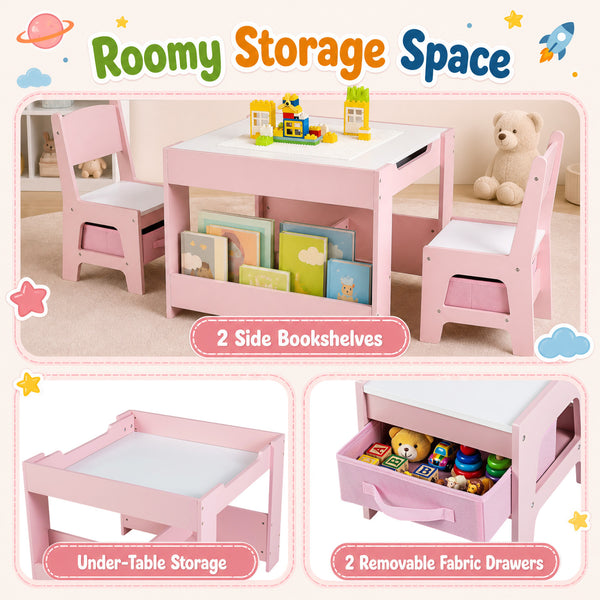 Kids table and chairs set with building blocks and bookshelves, perfect for playtime and learning. Angle 14 view.