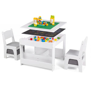 Kids table and chairs set with building blocks and bookshelves, perfect for playtime and learning. Angle 3 view.