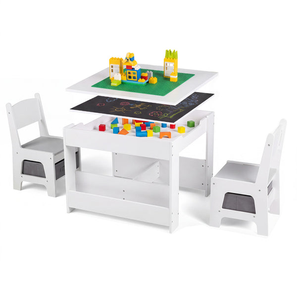 Kids table and chairs set with building blocks and bookshelves, perfect for playtime and learning. Angle 3 view.