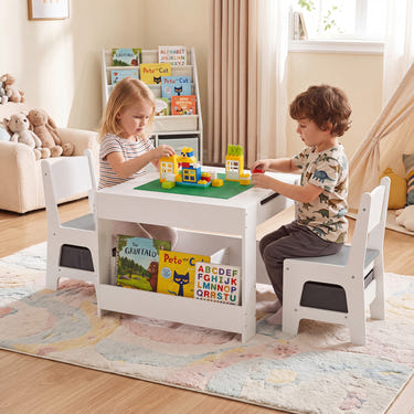 1 Kids Table and Chairs with Building Blocks and Bookshelves