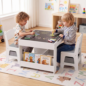 Kids table and chairs set with building blocks and bookshelves, perfect for playtime and learning.