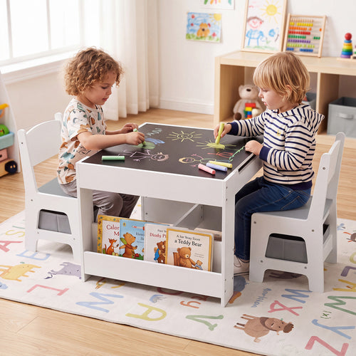 Kids table and chairs set with building blocks and bookshelves, perfect for playtime and learning.
