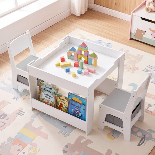 Kids table and chairs set with building blocks and bookshelves, perfect for playtime and learning. Angle 5 view.