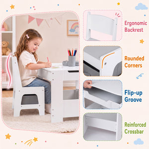 Kids table and chairs set with building blocks and bookshelves, perfect for playtime and learning. Angle 6 view.
