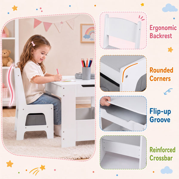 Kids table and chairs set with building blocks and bookshelves, perfect for playtime and learning. Angle 6 view.