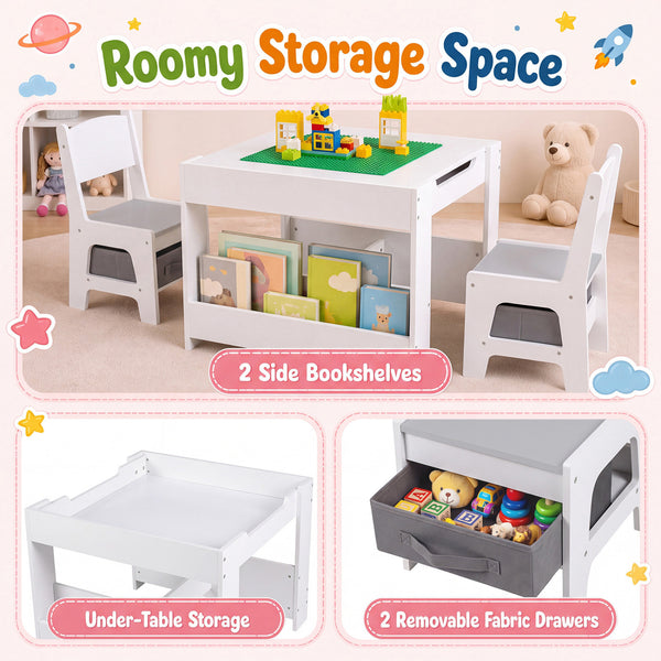 Kids table and chairs set with building blocks and bookshelves, perfect for playtime and learning.