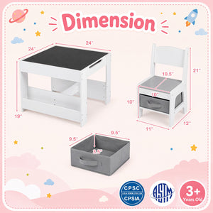 Kids table and chairs set with building blocks and bookshelves, perfect for playtime and learning activities.