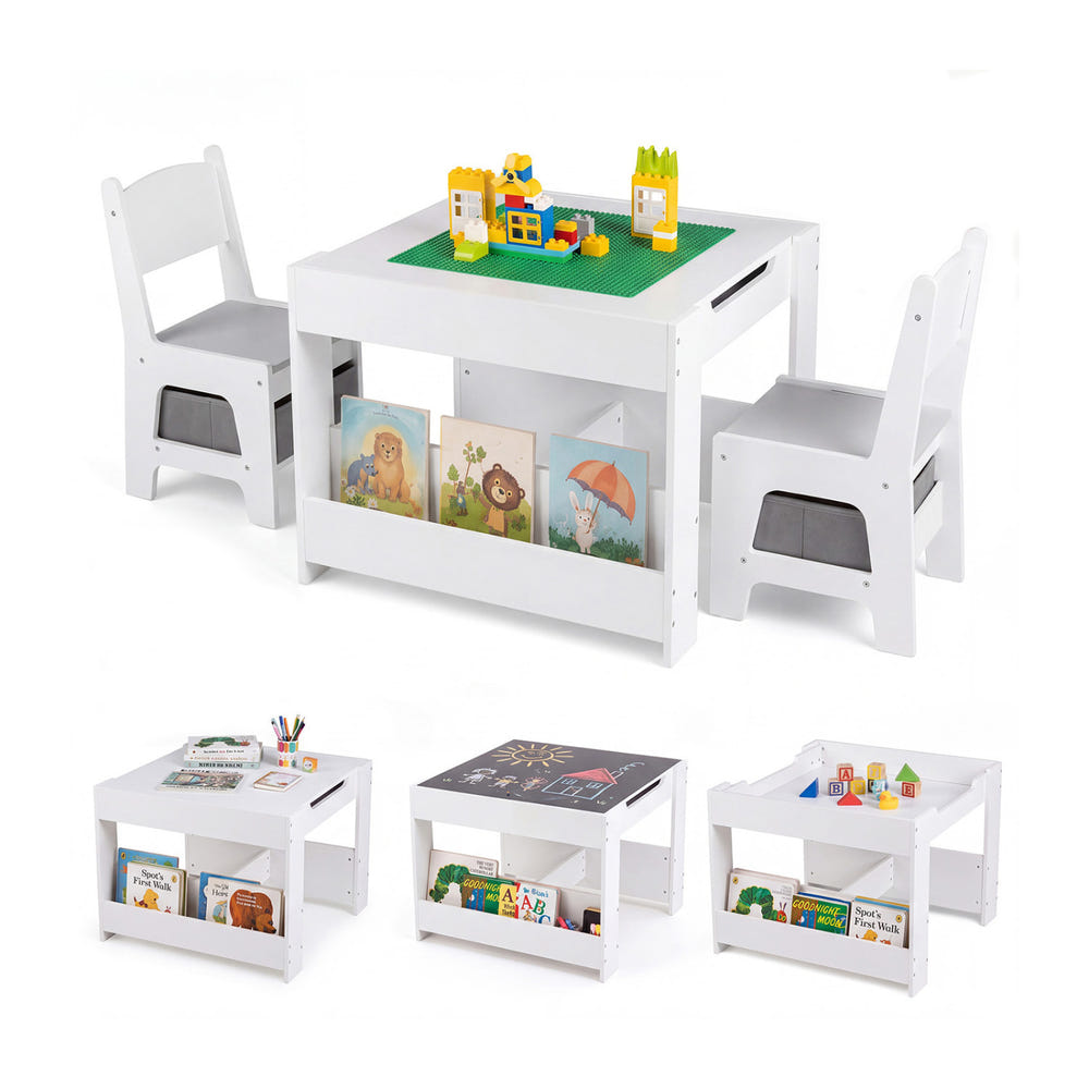 1 Kids Table and Chairs with Building Blocks and Bookshelves