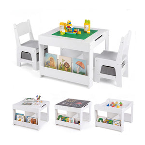 Kids table and chairs set with building blocks and bookshelves, perfect for playtime and learning. Angle view.