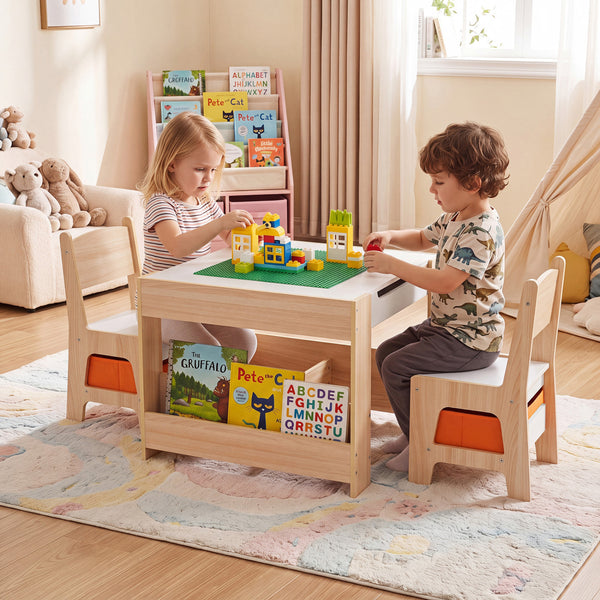 Kids table and chairs set with building blocks and bookshelves, perfect for playtime and learning.