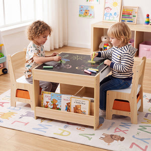 Kids table and chairs set with building blocks and bookshelves, perfect for playtime and learning.