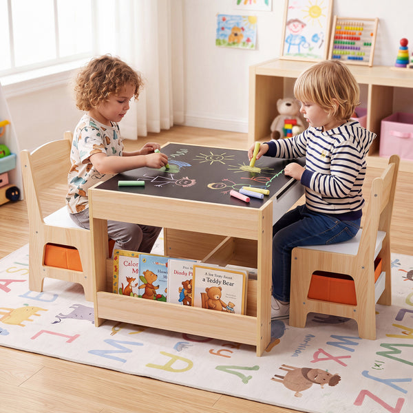 Kids table and chairs set with building blocks and bookshelves, perfect for playtime and learning.