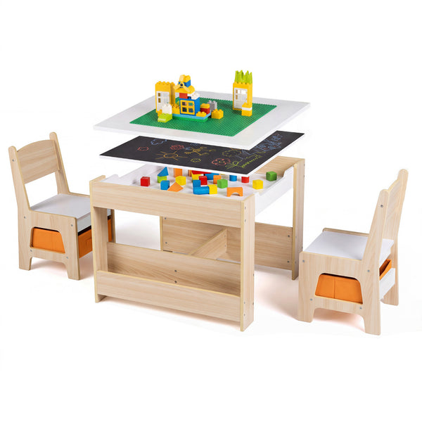 Kids table and chairs set with building blocks and bookshelves, perfect for playtime and learning. Angle 16 view.