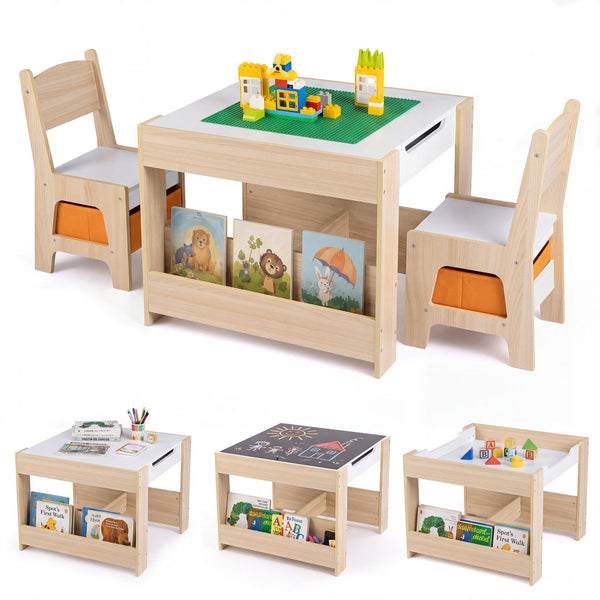 Kids table and chairs set with building blocks and bookshelves, perfect for playtime and learning. Angle 17 view.