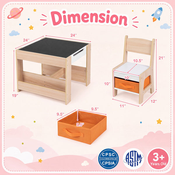 Kids table and chairs set with building blocks and bookshelves, perfect for playtime and learning.