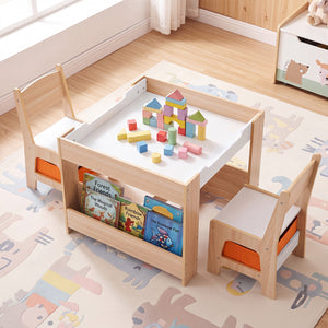 Kids table and chairs set with building blocks and bookshelves, perfect for playtime and learning activities.