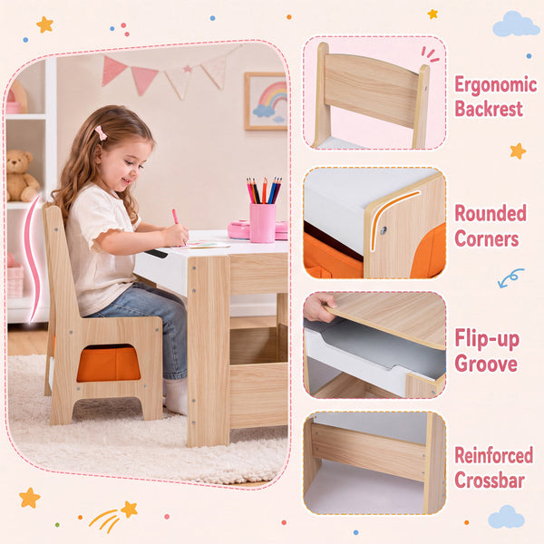 Kids table and chairs set with building blocks and bookshelves, perfect for playtime and learning.