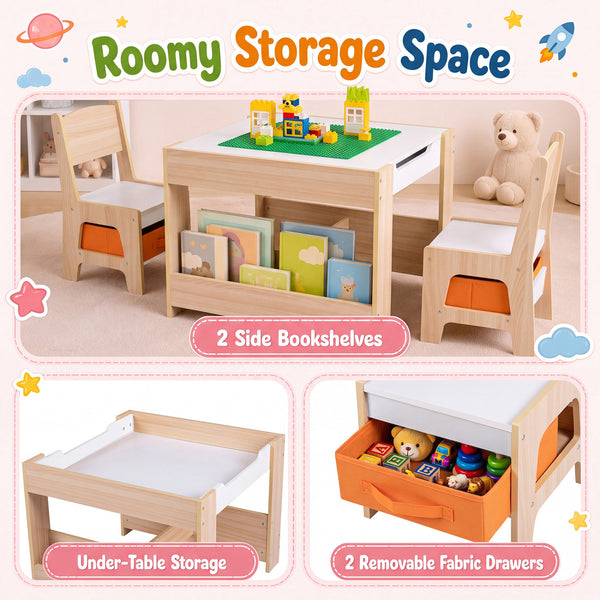 Kids table and chairs set with building blocks and bookshelves, perfect for playtime and learning.